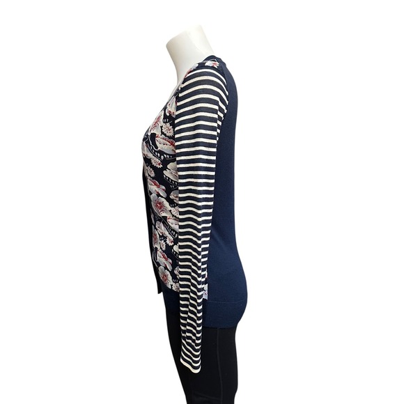 Tory Burch Navy Multicolor Floral V-Neck Striped Wool Buttondown Sweater sz S - Picture 4 of 10